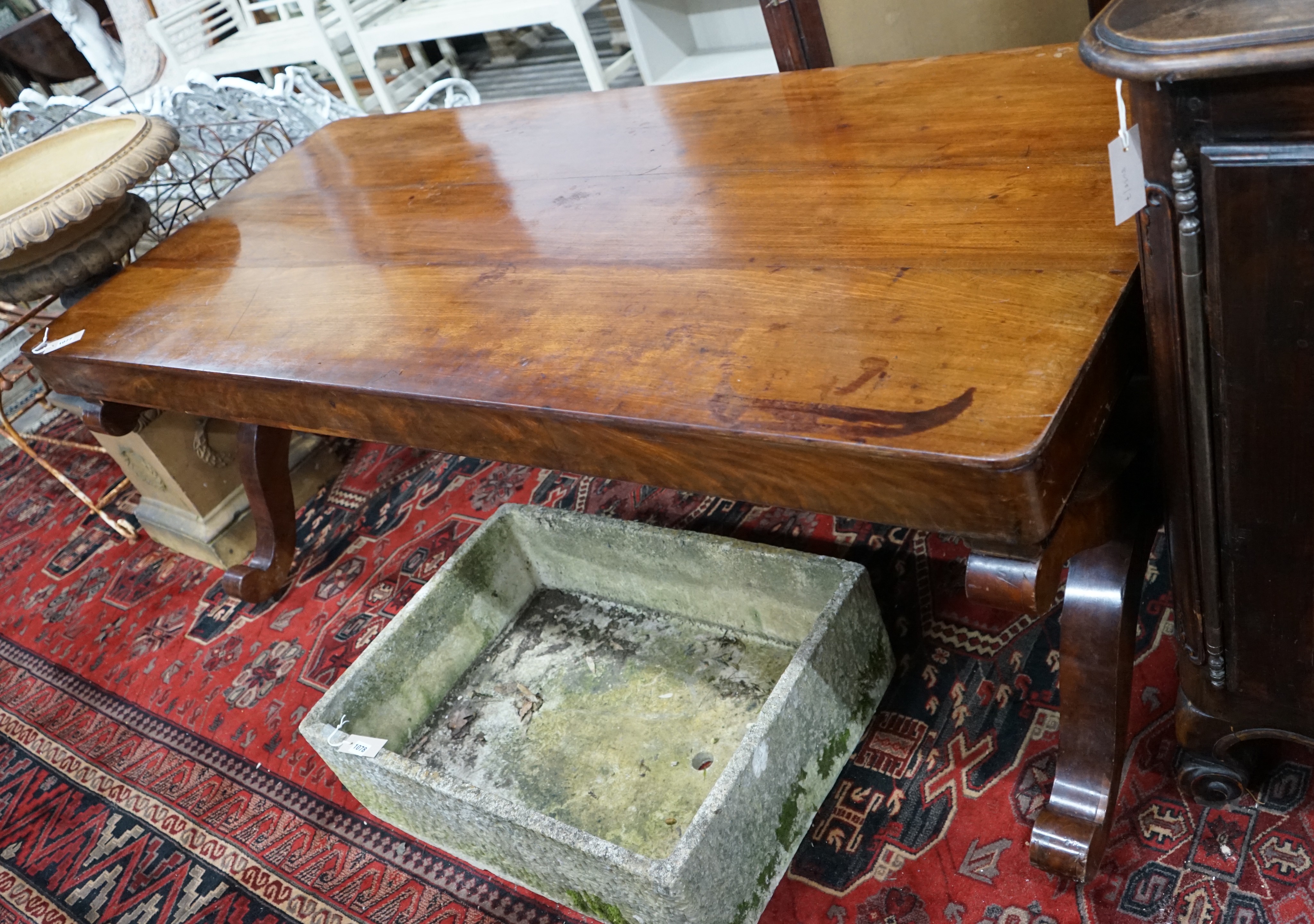 A Victorian rectangular mahogany library table, length 185cm, depth 86cm, height 74cm